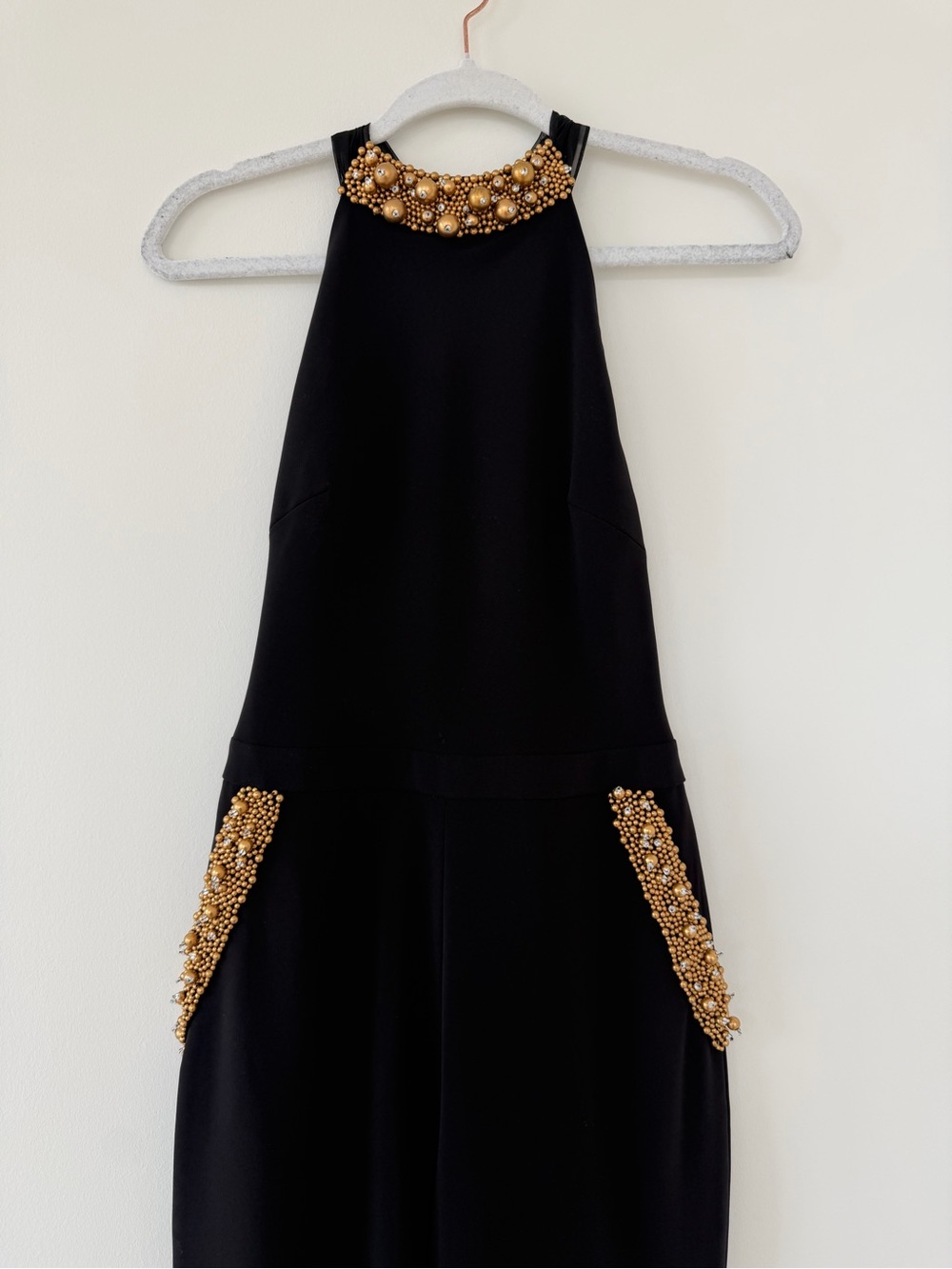 Rachel Zoe Black Halter Jumpsuit with Gold Beaded Accents